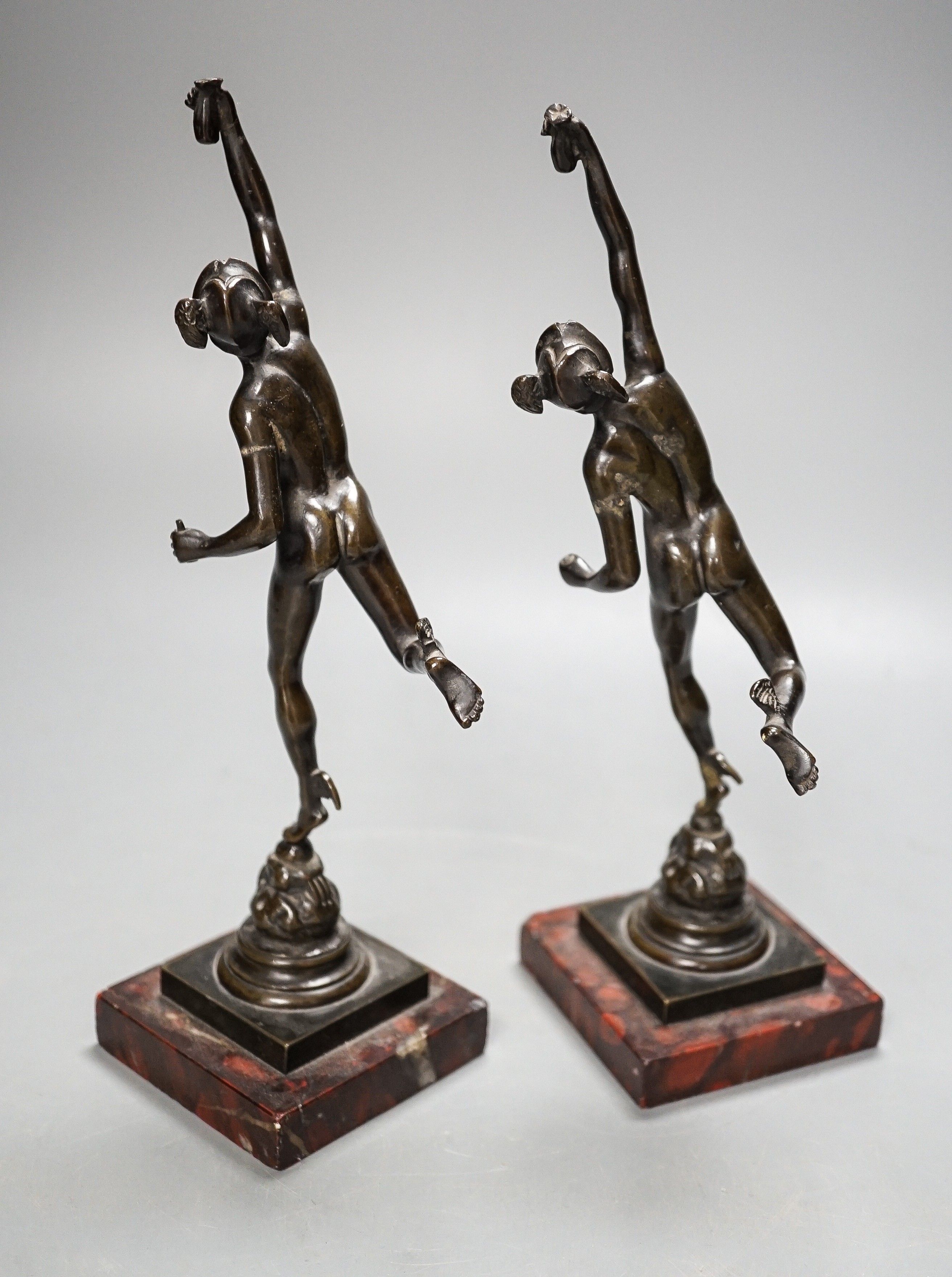 Two 19th century Grand Tour souvenir bronze figures of Mercury, 23 cms high.